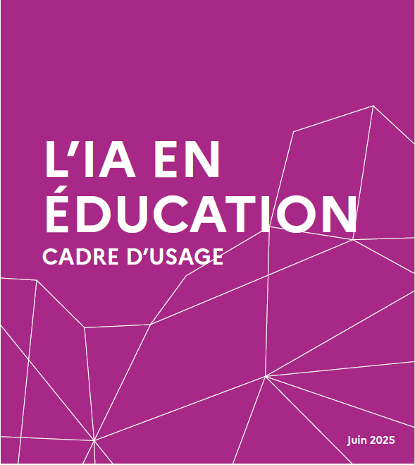 Titre L'IA en éducation, cadre d'usage sur fond violet avec des formes géométriques en filigrane