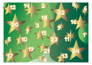 Image présentant 24 étoiles dorées et numérotées de 1 à 24 sur un fond de dégradé de verts.